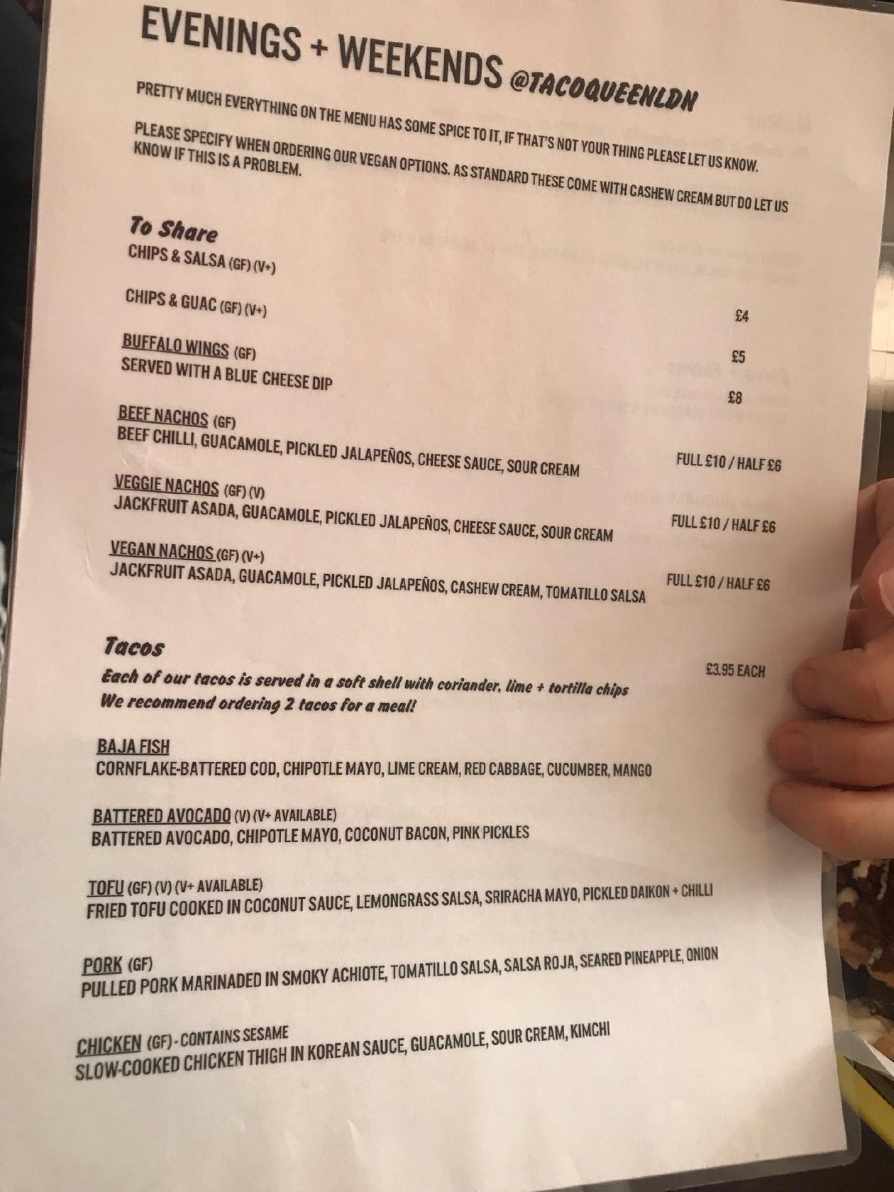 Menu at Taco Queen restaurant, London