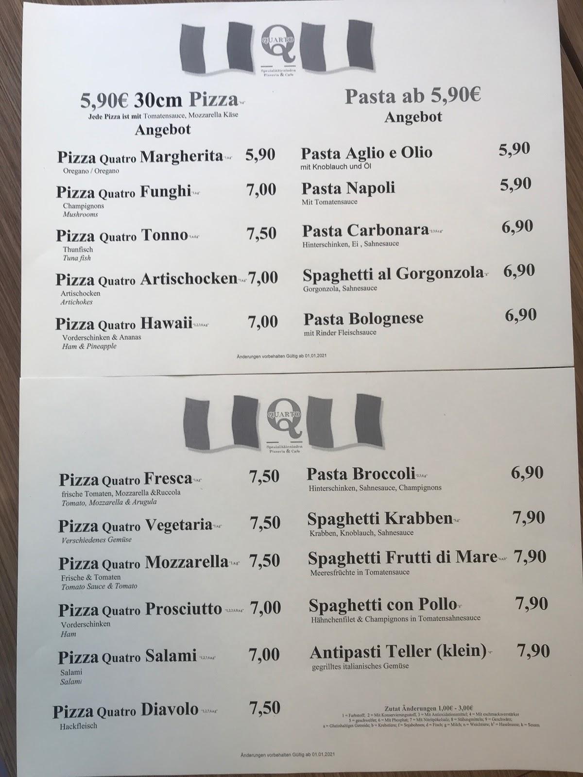 Speisekarte von Pizzeria Quarto, Bremen