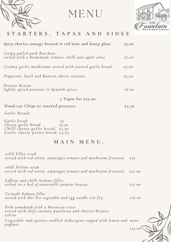 Menu at The Fountain restaurant, Bridgend