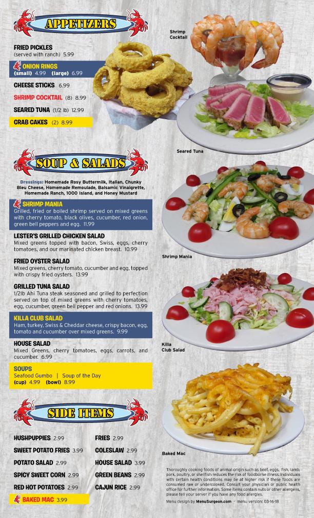 Menu at Lester's Seafood restaurant, Picayune