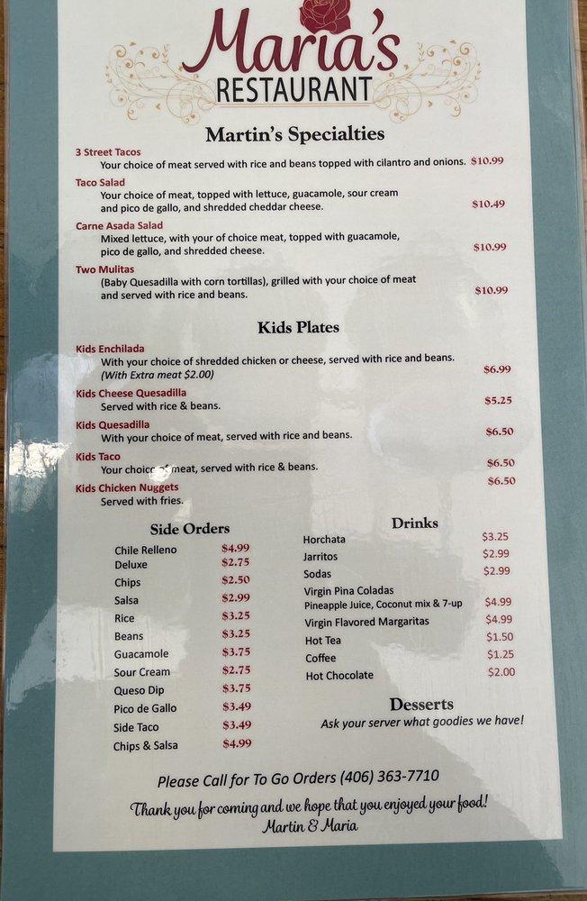 Menu at Maria's restaurant, Hamilton