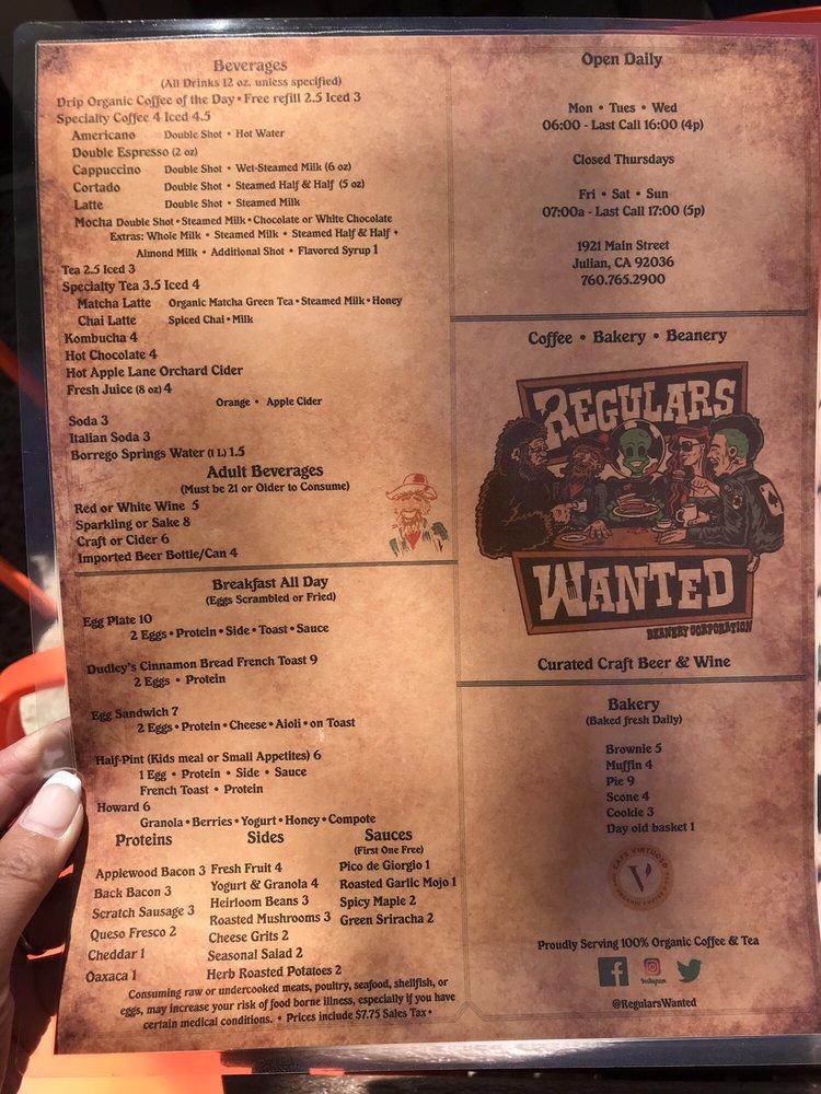 Menu at Regulars Wanted Beanery Corporation cafe, Julian