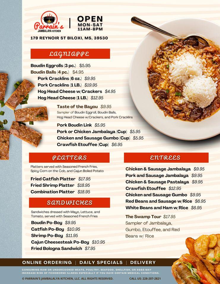 Menu at Parrain's Jambalaya Kitchen restaurant, Biloxi