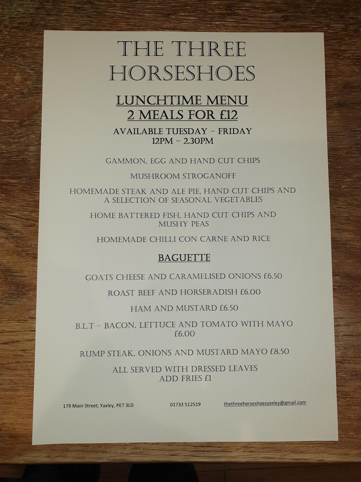 Menu at The Three Horseshoes, Yaxley pub & bar, Peterborough, 179 Main St