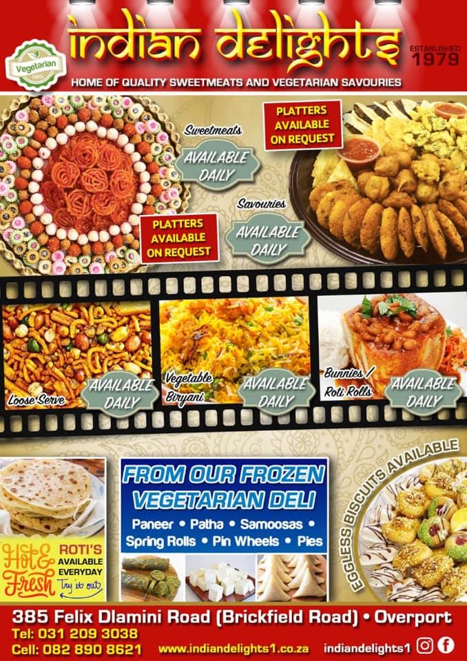 Menu at indian delights restaurant, Durban, 385 Felix Dlamini Rd