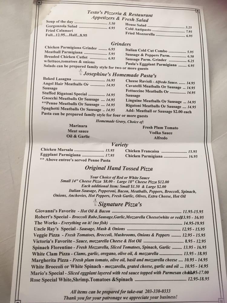 Menu at Testo's Pizzeria & Restaurant, Fairfield