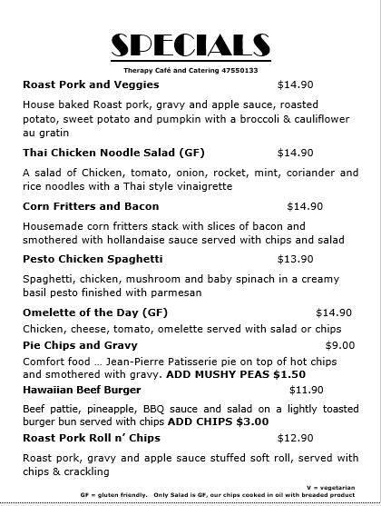 Menu at Therapy Cafe, Douglas, Medi-Link Retail Centre