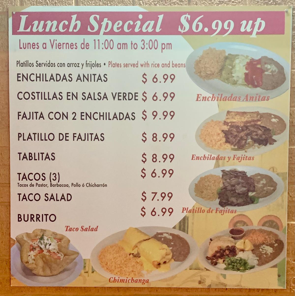 Carta del restaurante ANITAS TAQUERIA, Dallas