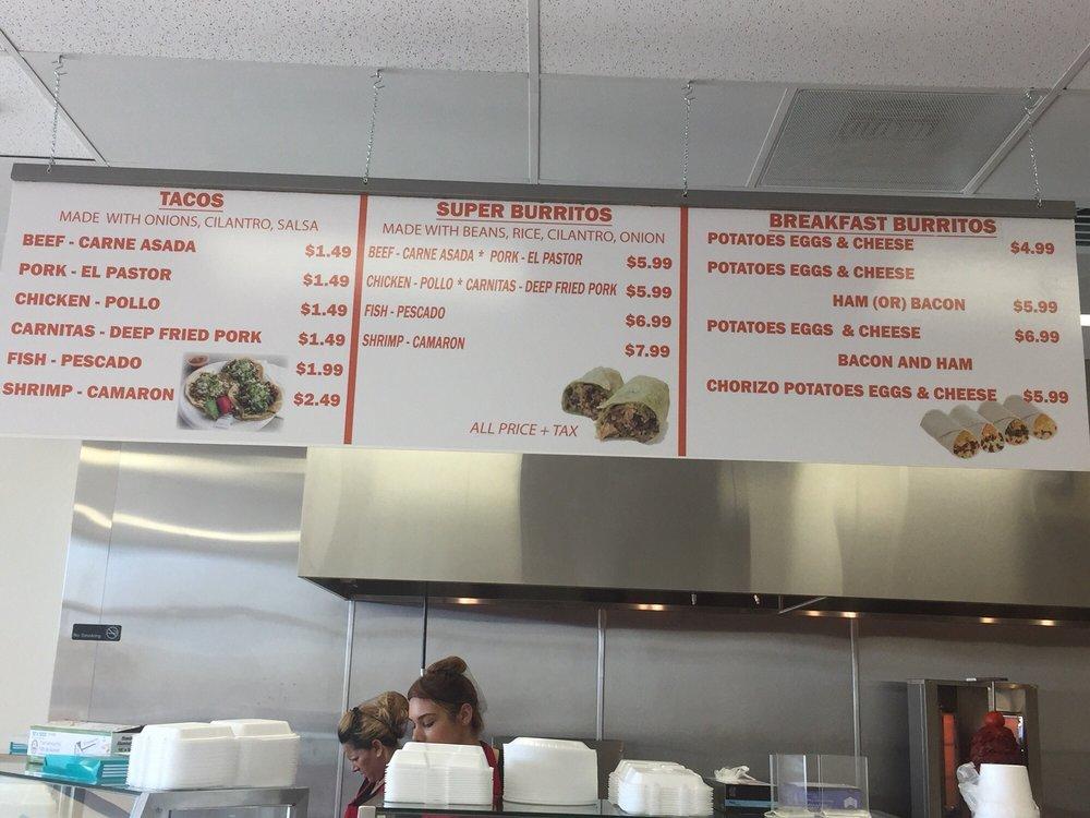 Menu at Tino's Tacos restaurant, Hemet