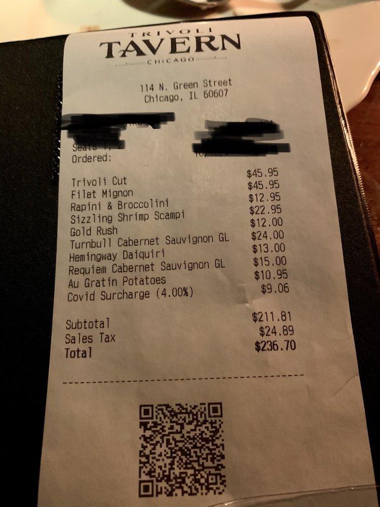 Menu at Trivoli Tavern restaurant, Chicago