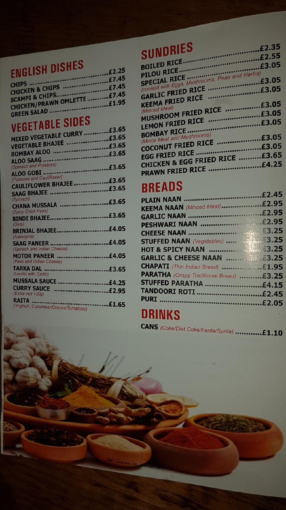 Menu at Bengal Spice restaurant, Paignton