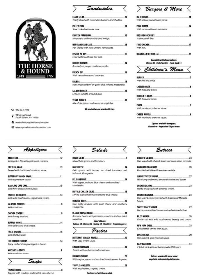 Menu at The Horse And Hound restaurant, South Salem