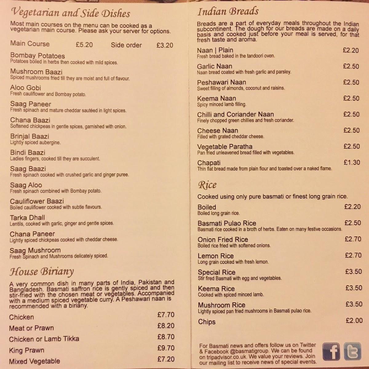 Menu at Basmati Indian Restaurant Chichester, Tangmere