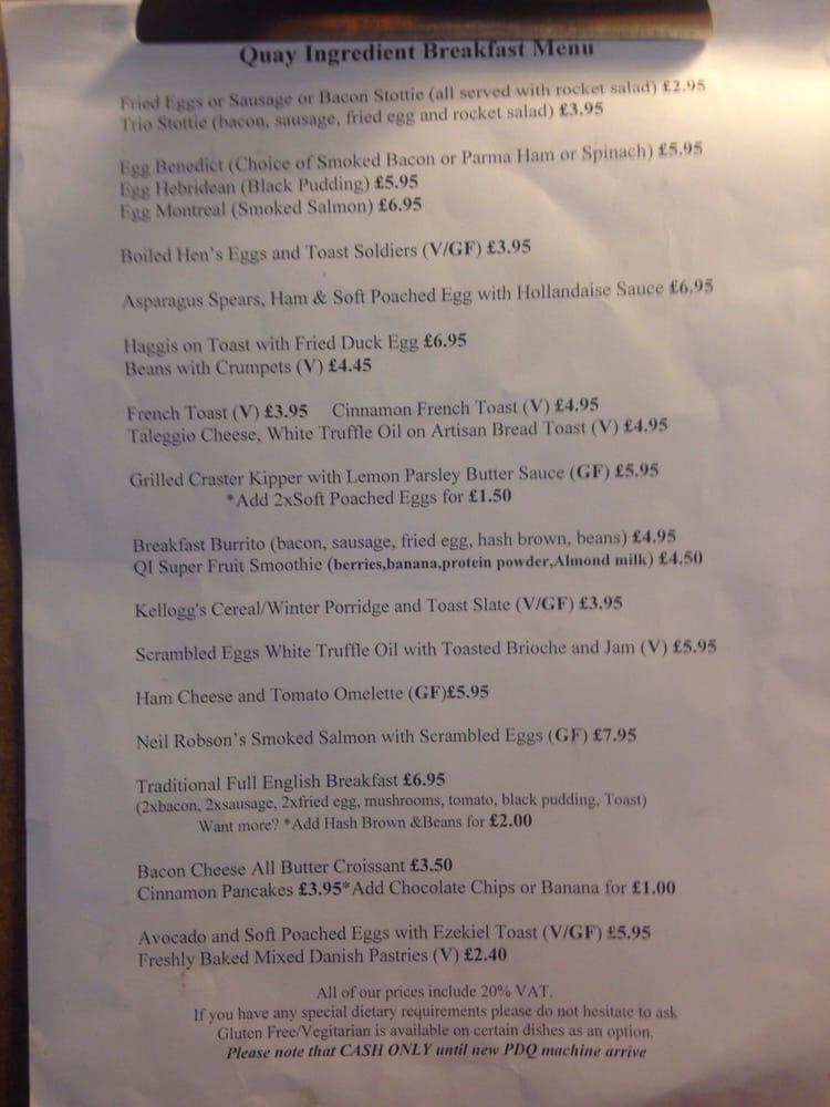 Menu at Quay Ingredient cafe, Newcastle upon Tyne