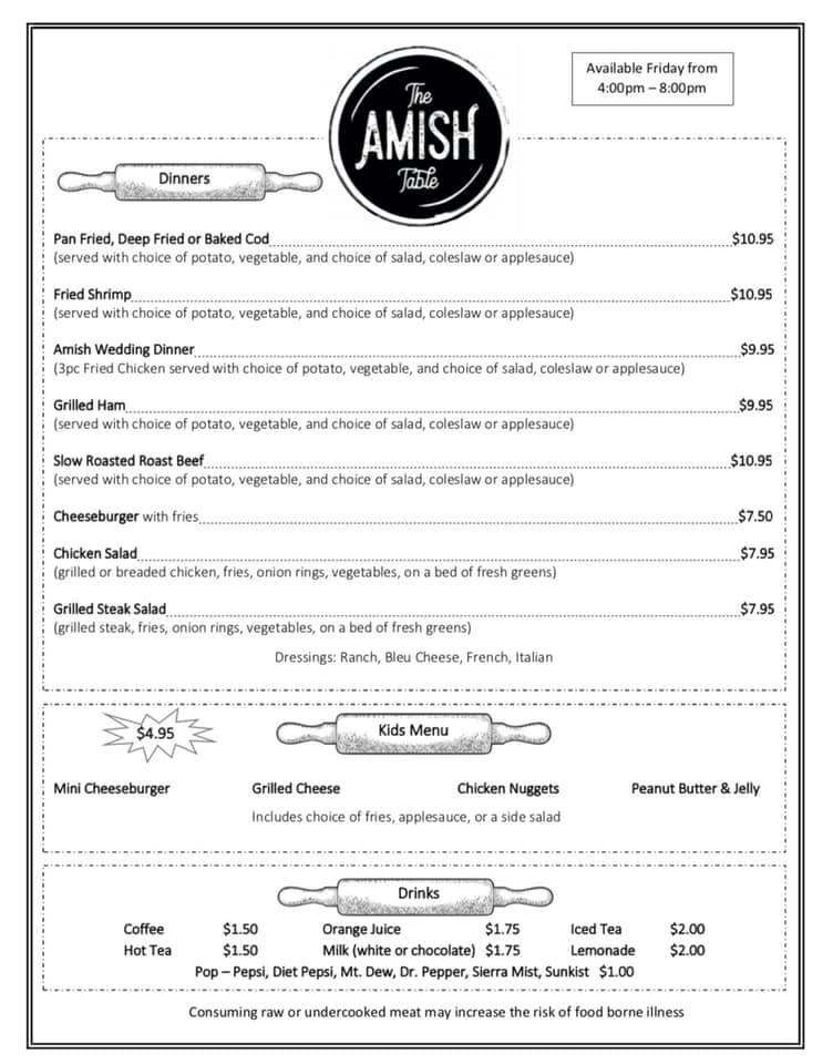 Menu at The Amish Table restaurant, Reynoldsville