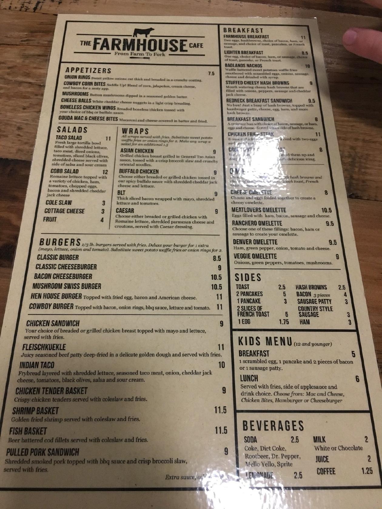 Menu at Farmhouse Cafe, Medora