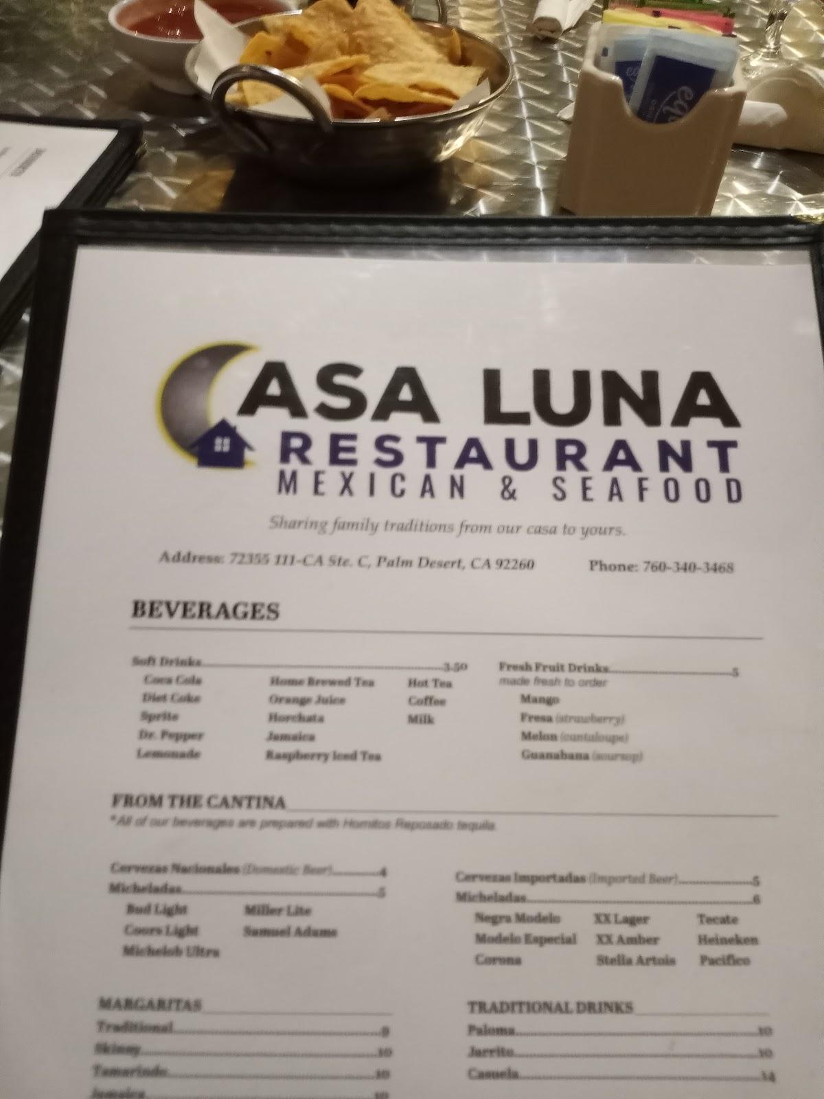 Menu at Casa Luna Mexican & Seafood Restaurant, Palm Desert