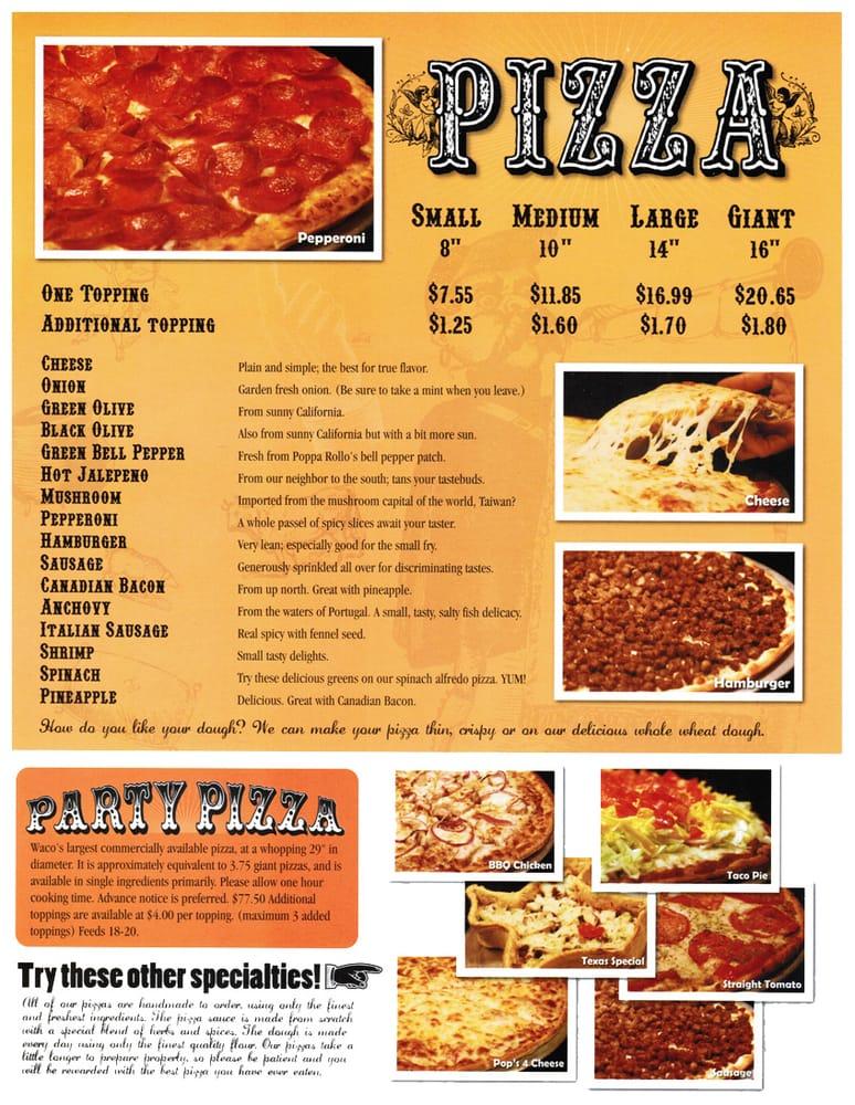 Menu at Poppa Rollo's Pizza pizzeria, Waco