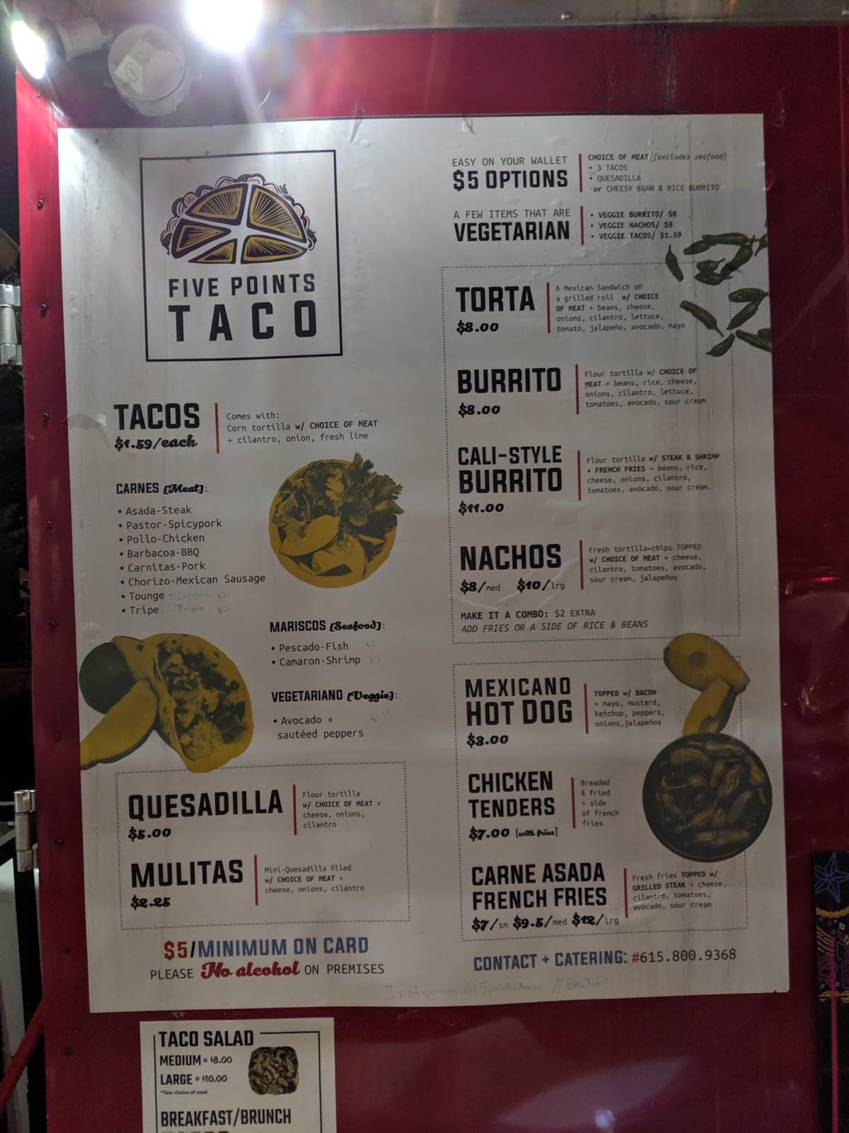 Menu at Cheap Charlie's Taco Shop restaurant, Nashville