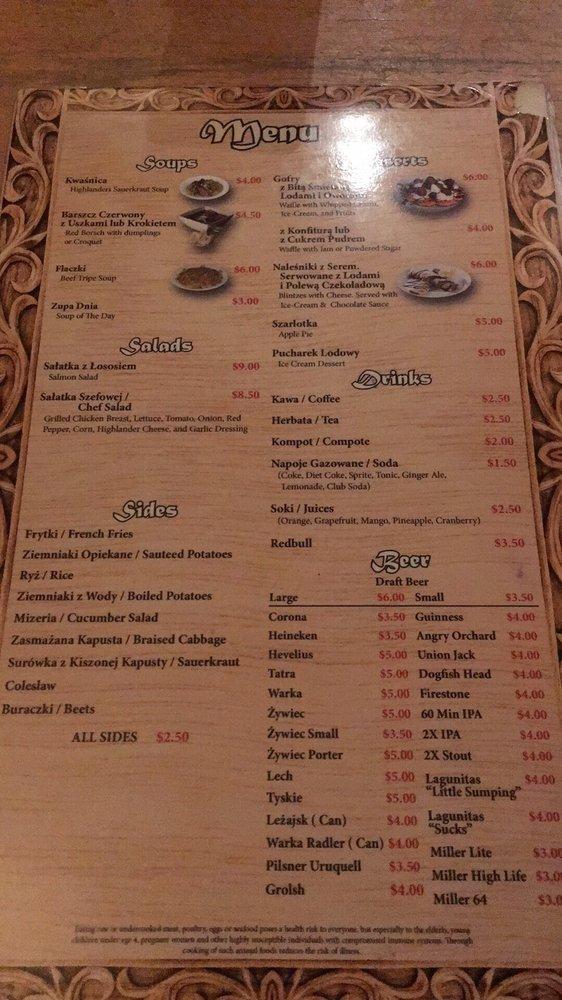 Menu at Bacowka Restaurant, Schaumburg