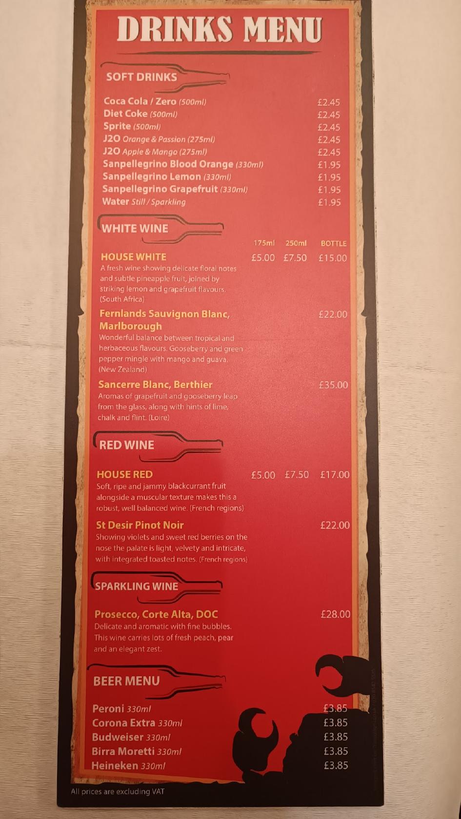 Menu at The Fat Crab restaurant, London, 59 Lavender Hill