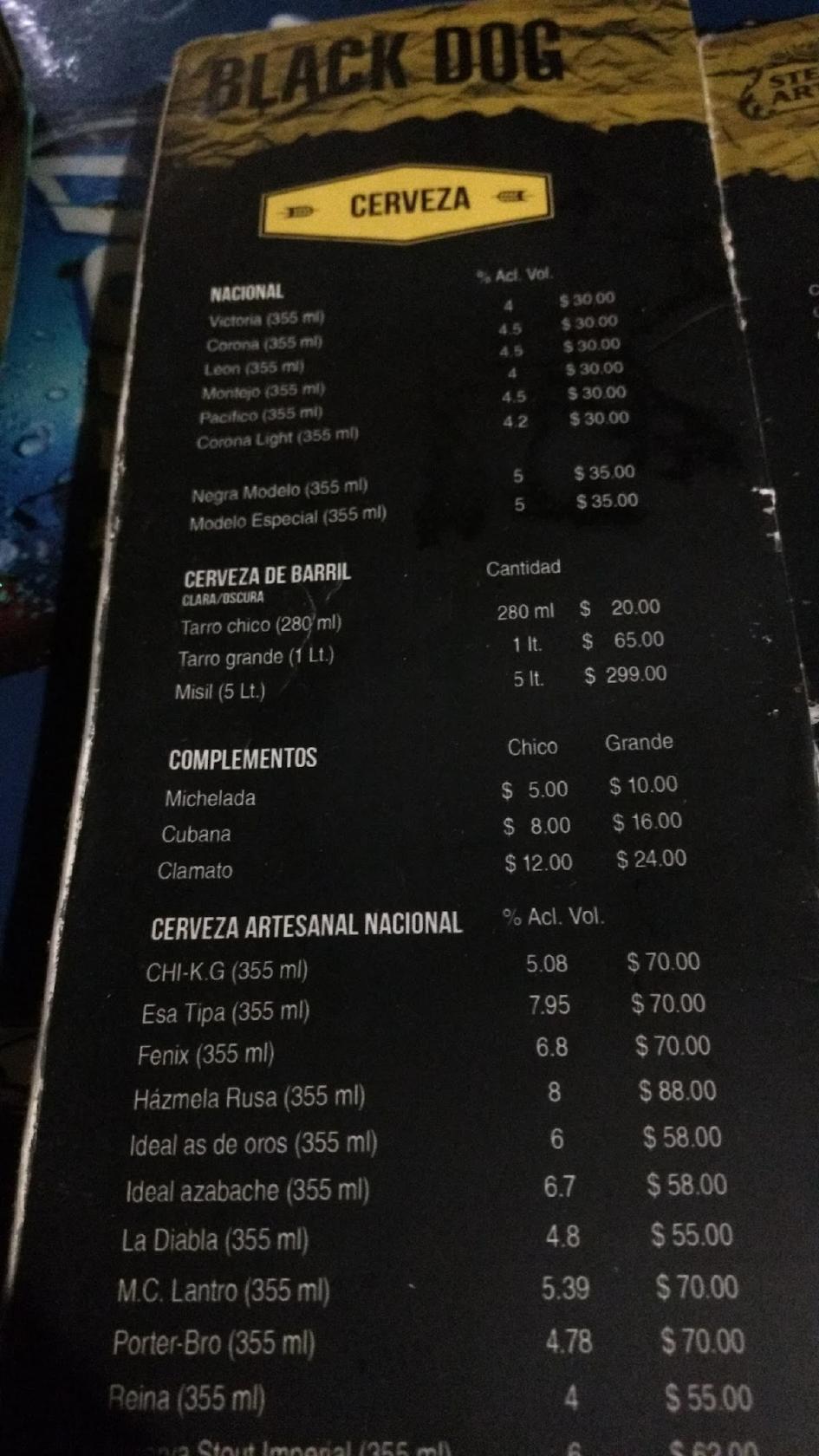 Menu at Black Dog pub & bar, Toluca