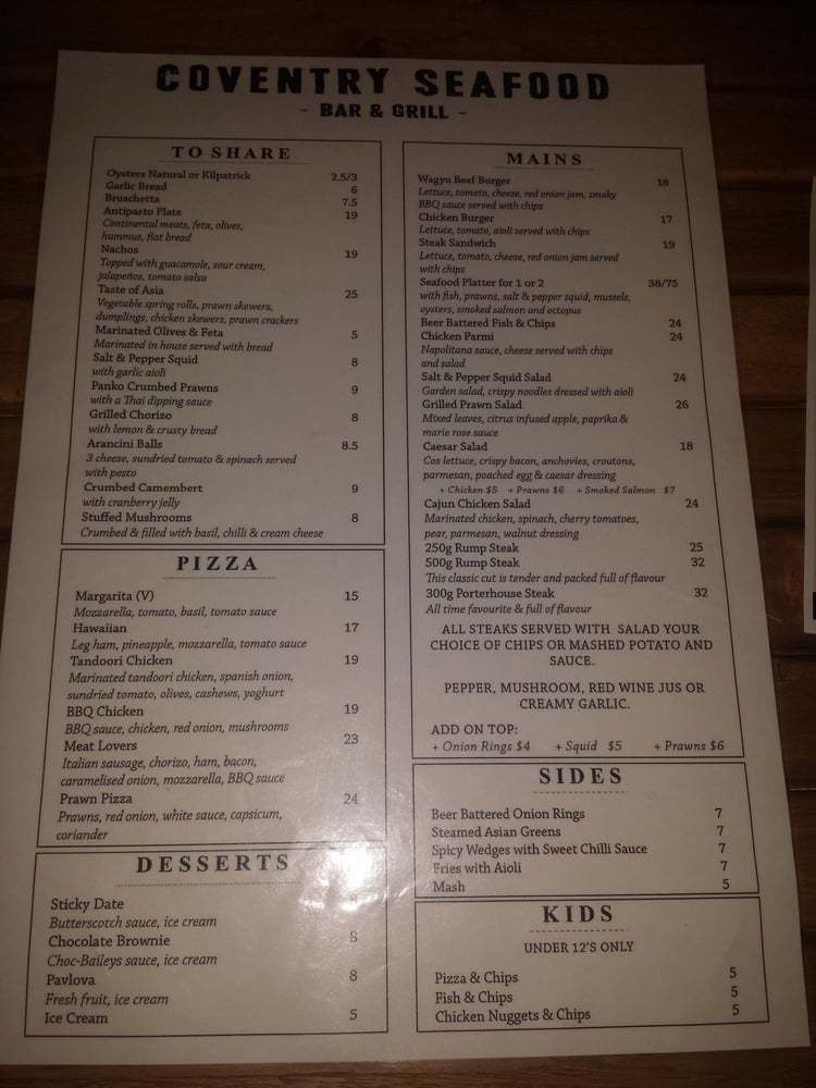Menu at Coventry Seafood Bar & Grill, Morley