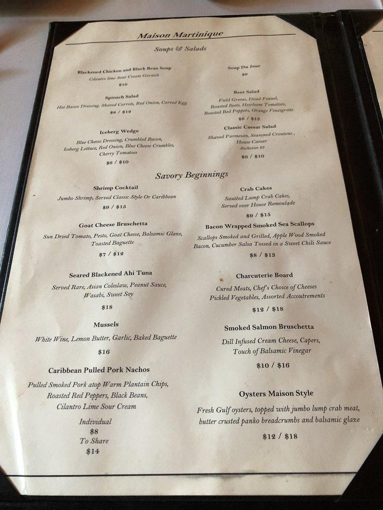 Menu at Maison Martinique Fine Dining restaurant, Vero Beach