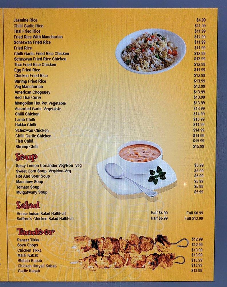 Menu at Saffron restaurant, Bridgewater