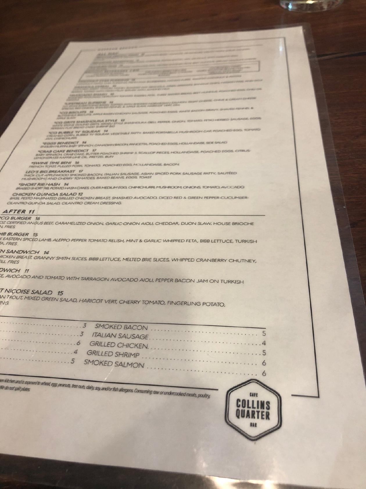 Menu at The Collins Quarter cafe, Savannah, 151 Bull St