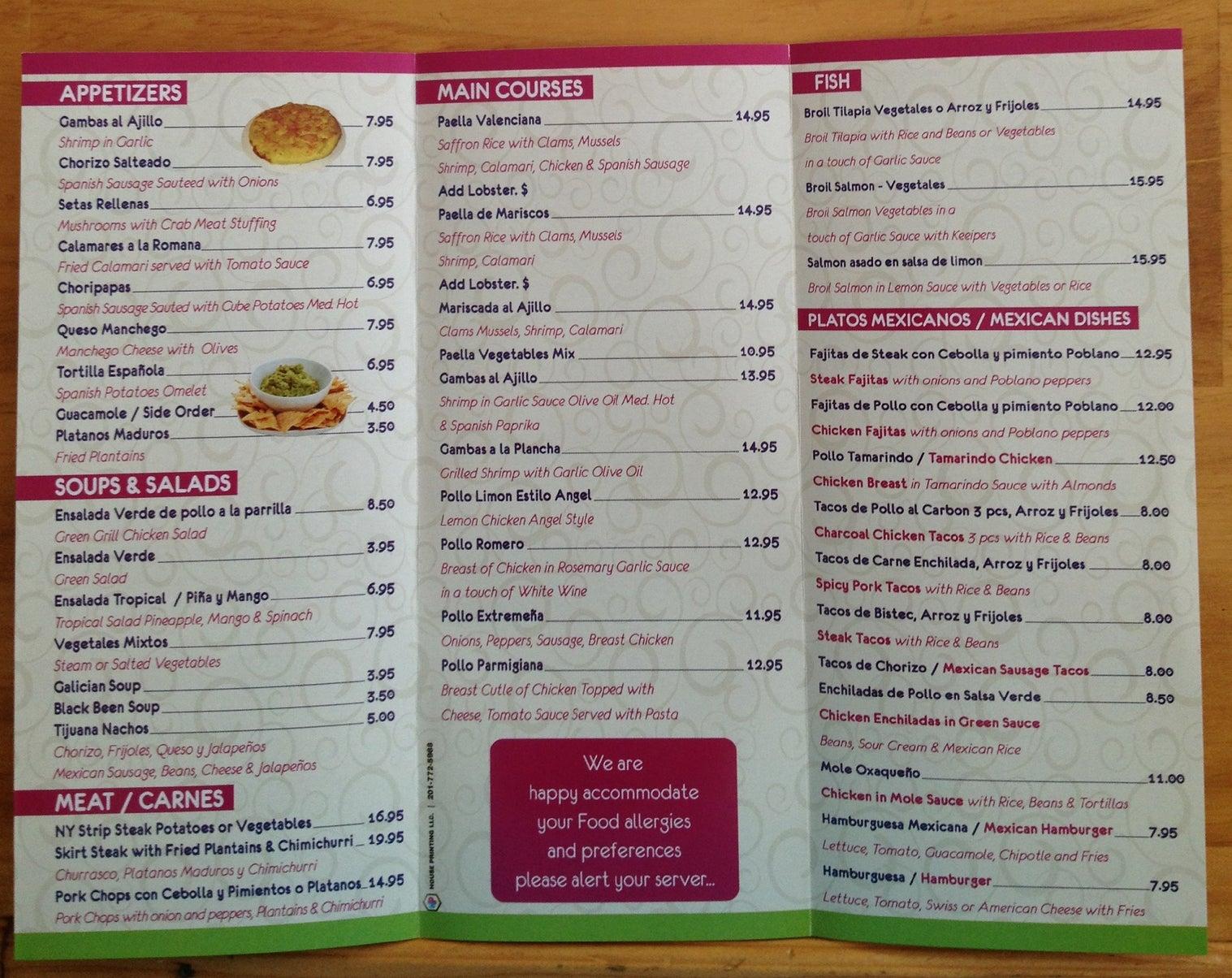 Menu at Paellas Cafe, Lyndhurst, 746 Riverside Ave