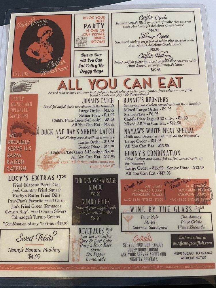 Menu at Aunt Jenny's Catfish Restaurant, Ocean Springs