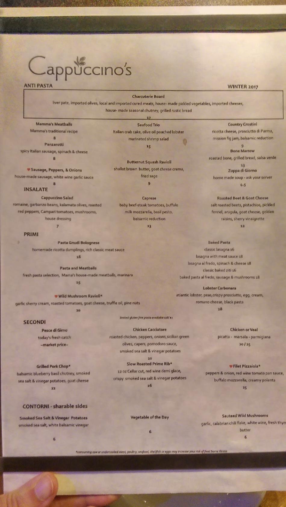 Menu at Cappuccino's restaurant, Knoxville