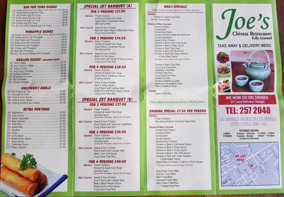 Menu at Joe's Chinese Restaurant, North Shields
