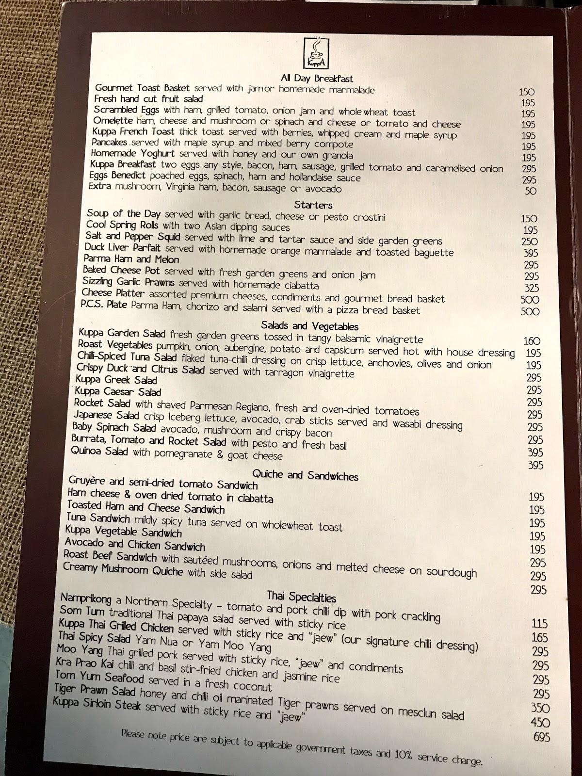 Menu at Kuppa cafe, Bangkok, 39 Soi Sukhumvit 16