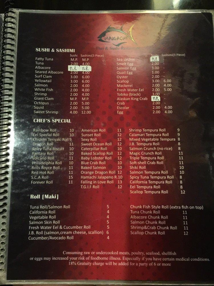 Menu at Hamachi Thai and Sushi Restaurant, Coral Springs