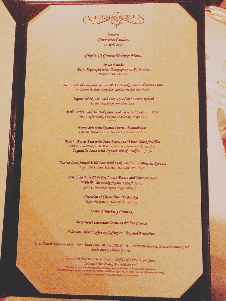 Menu at Victoria & Albert's restaurant, Orlando