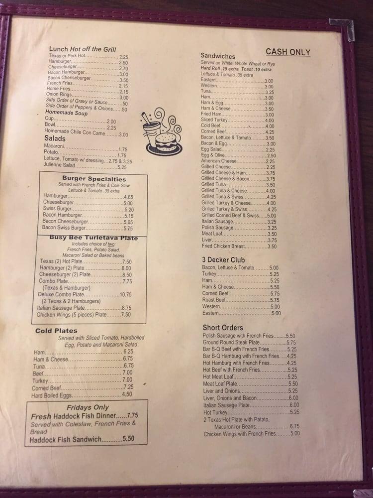 Menu at Busy Bee restaurant, Rochester