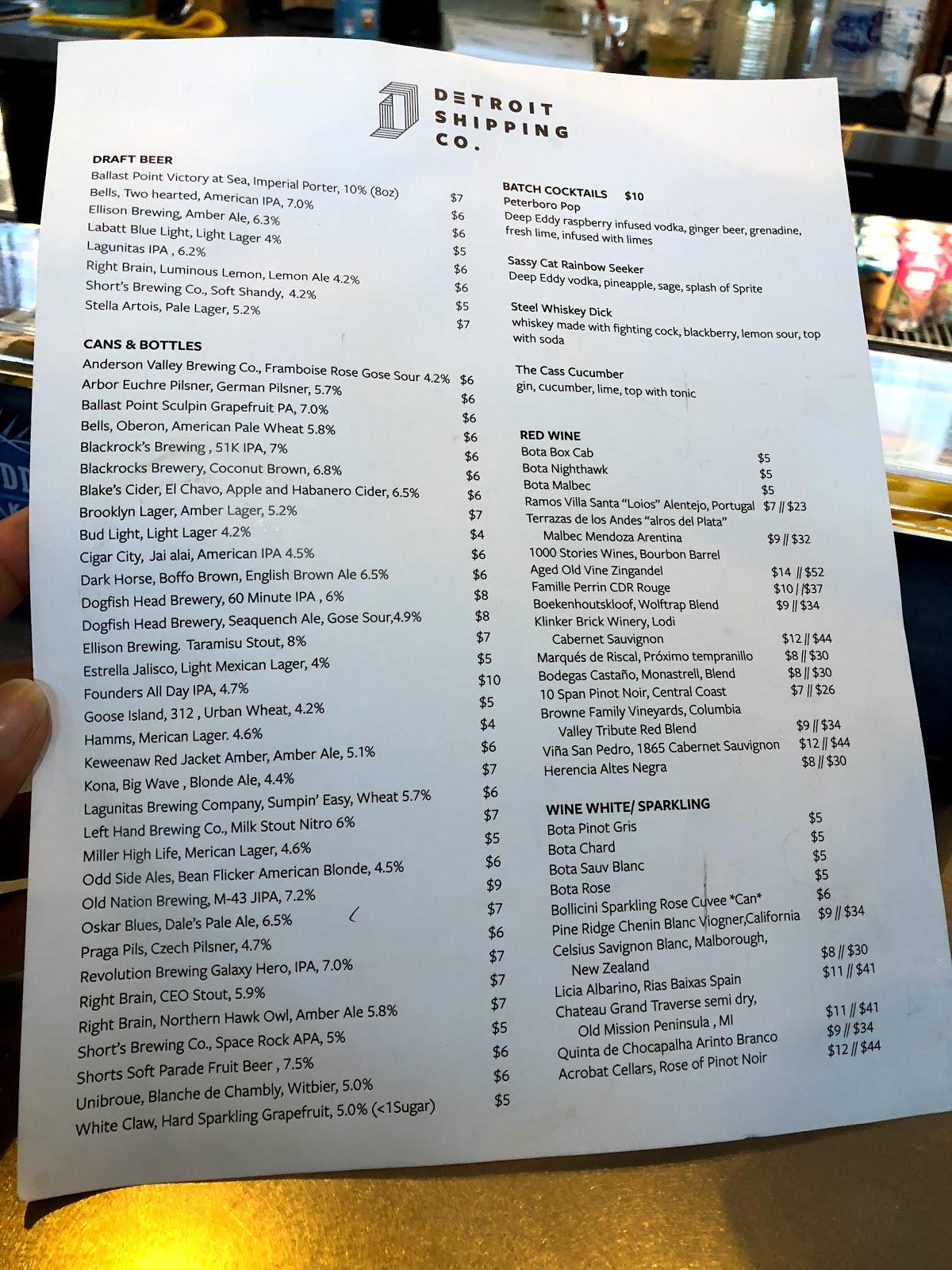 Menu at Detroit Shipping Company restaurant, Detroit