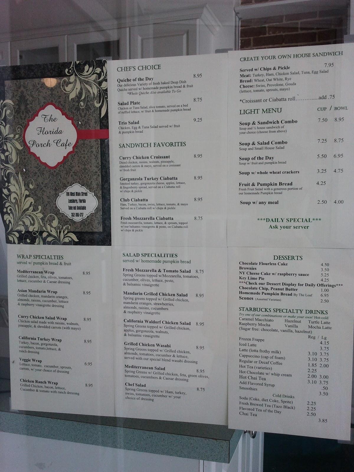 Menu at The Florida Porch Cafe, Leesburg