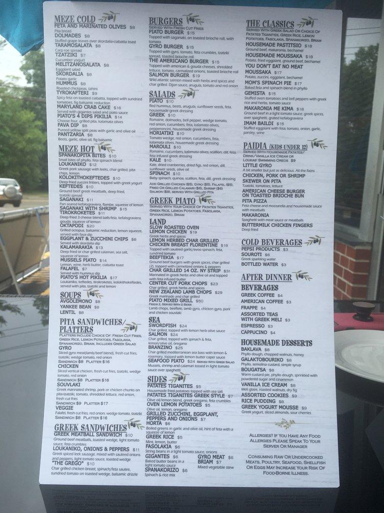 Menu at Piato Greek Kitchen restaurant, CrotononHudson