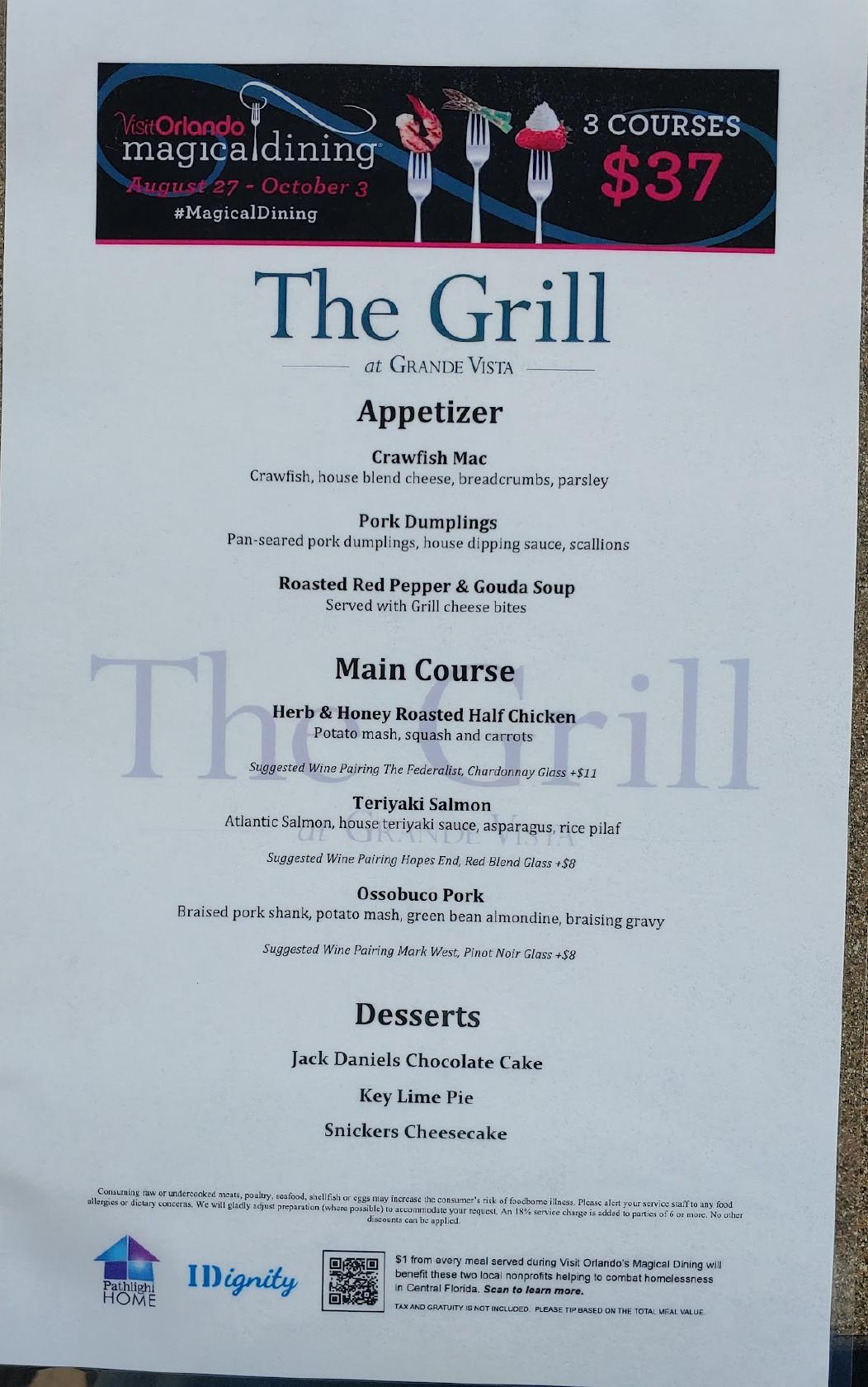 Menu at The Grill at Grande Vista steakhouse, Orlando, Ave Verde