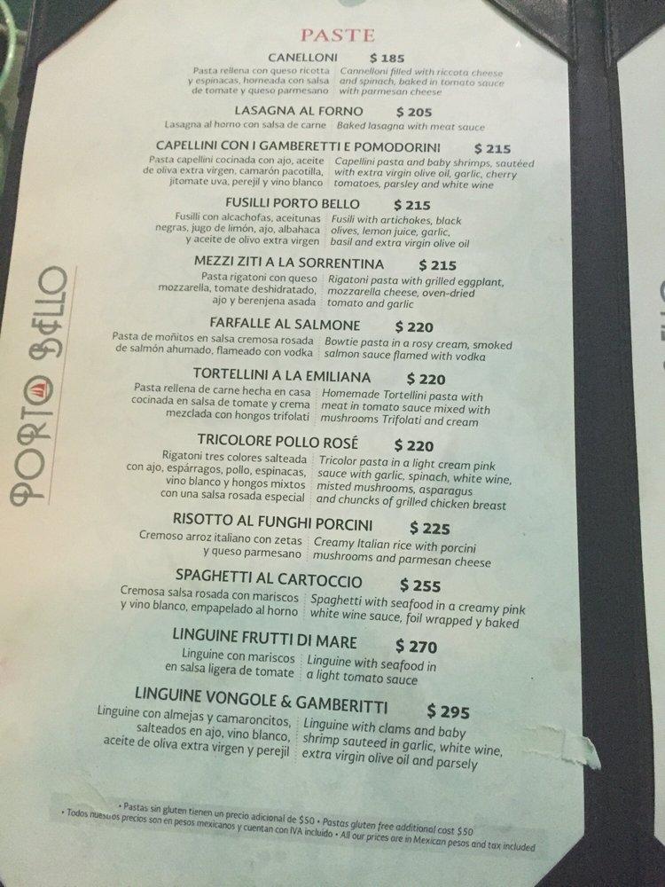 Menu at Porto Bello restaurant, Puerto Vallarta, C. Popa s/n