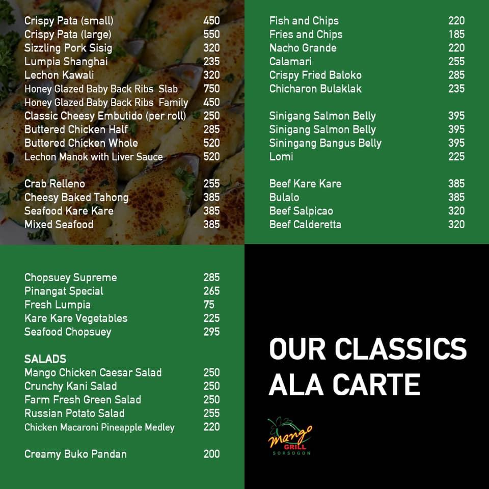 Carta del restaurante Mango Grill, Sorsogón, X2F5+75W