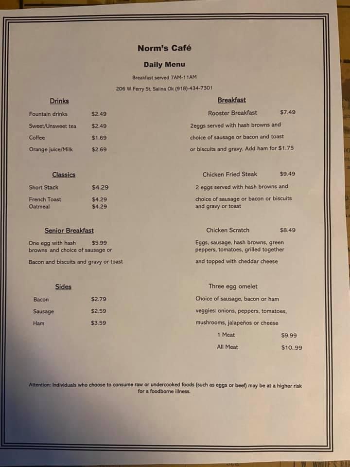 Menu at Norm’s Cafe, Salina