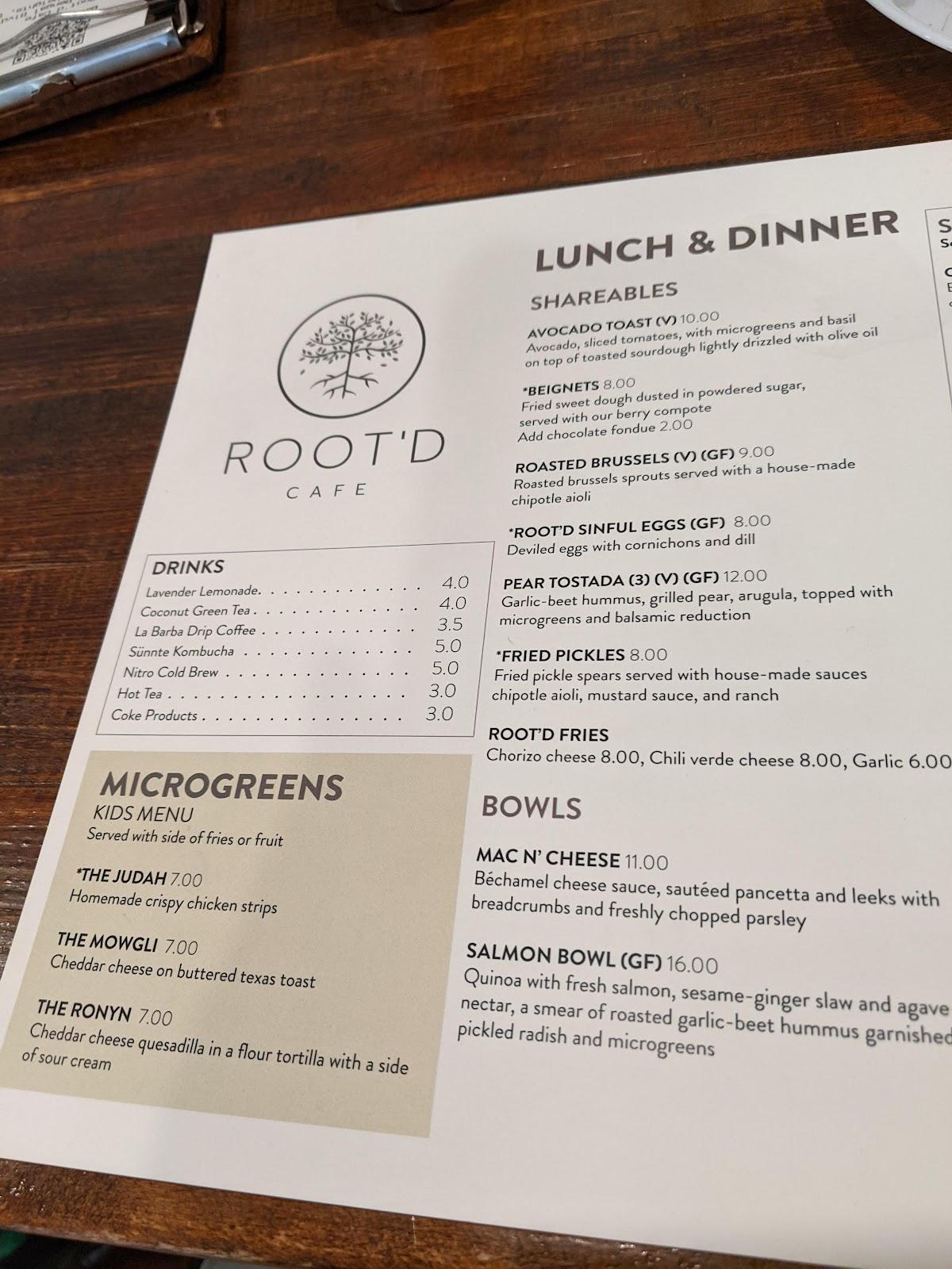 Menu at Root'd Cafe, Cottonwood Heights