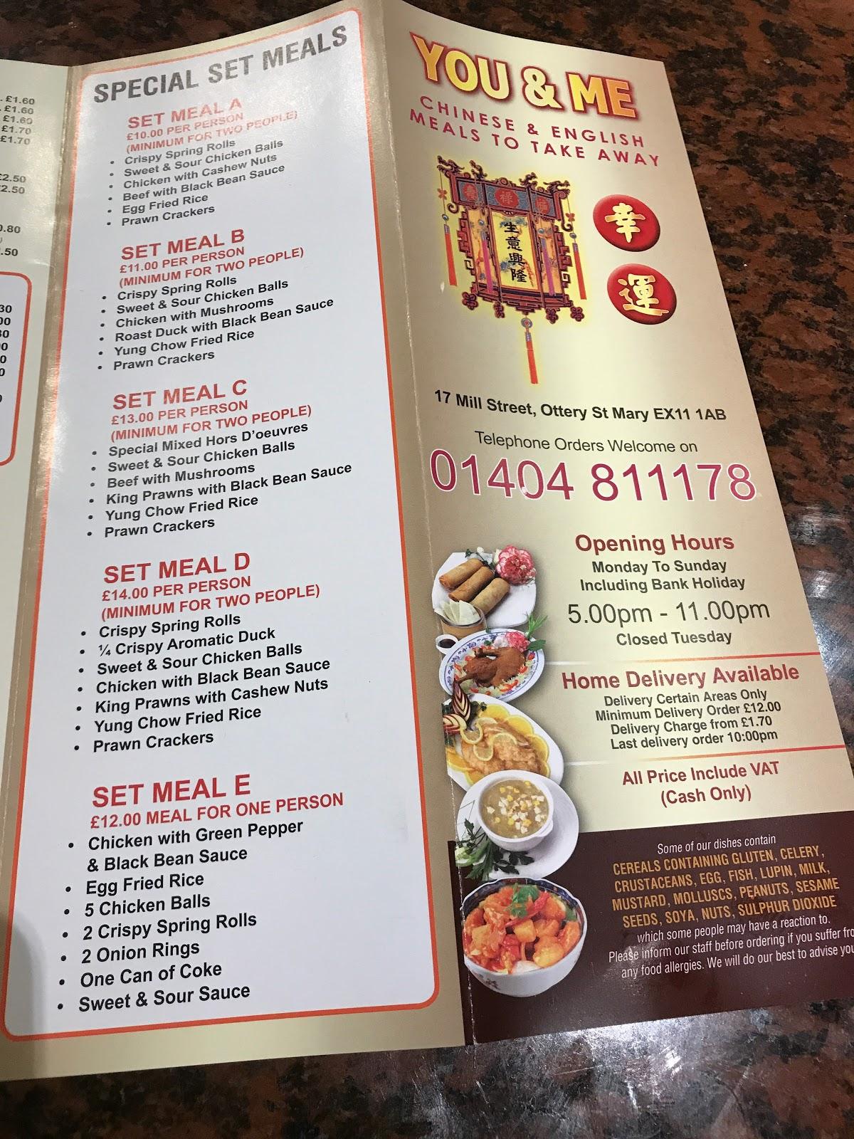 Menu at You & Me Chinese Takeaway fast food, Ottery Saint Mary