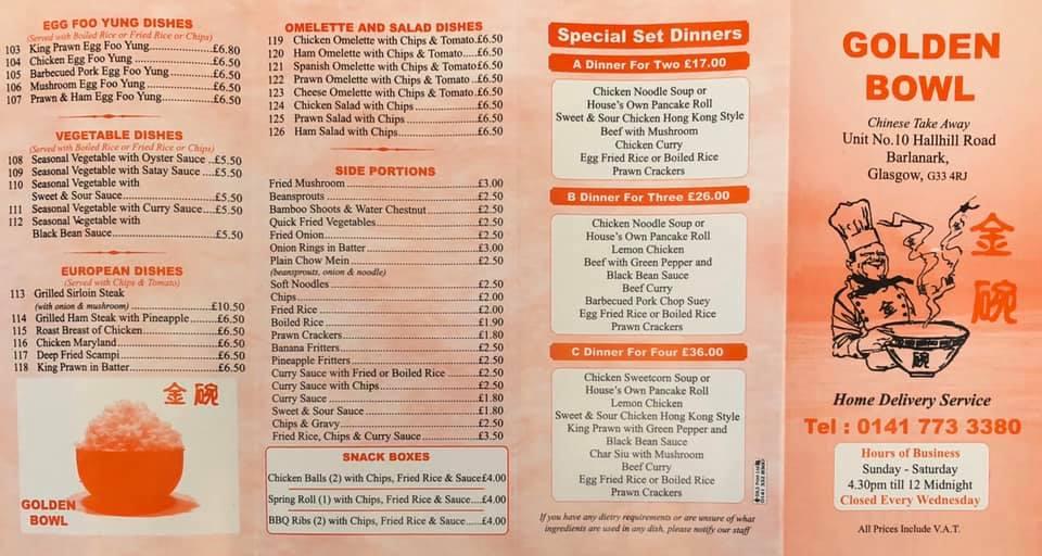 Menu at Golden Bowl fast food, Glasgow, 331 Hallhill Rd