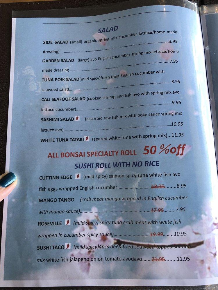 Menu at Bonsai Japanese Cuisine restaurant, Roseville