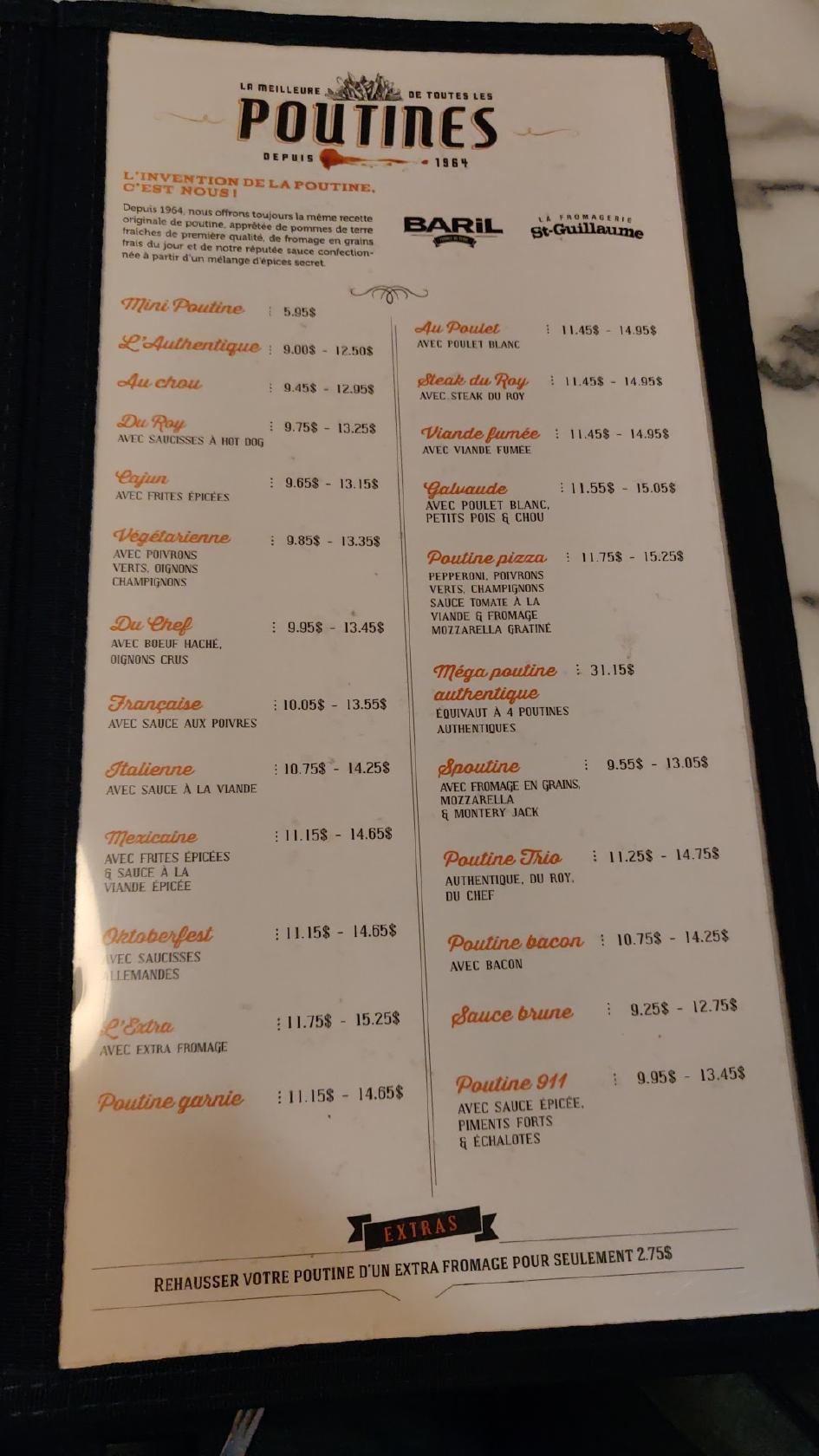 Menu au Roy Jucep fast food, Drummondville